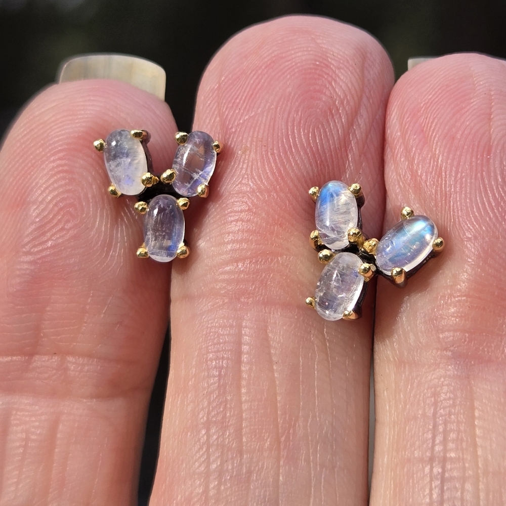 Moonstone 3k Natural Cluster Sterling Rhodium & Gold Earrings - Picture 3 of 10